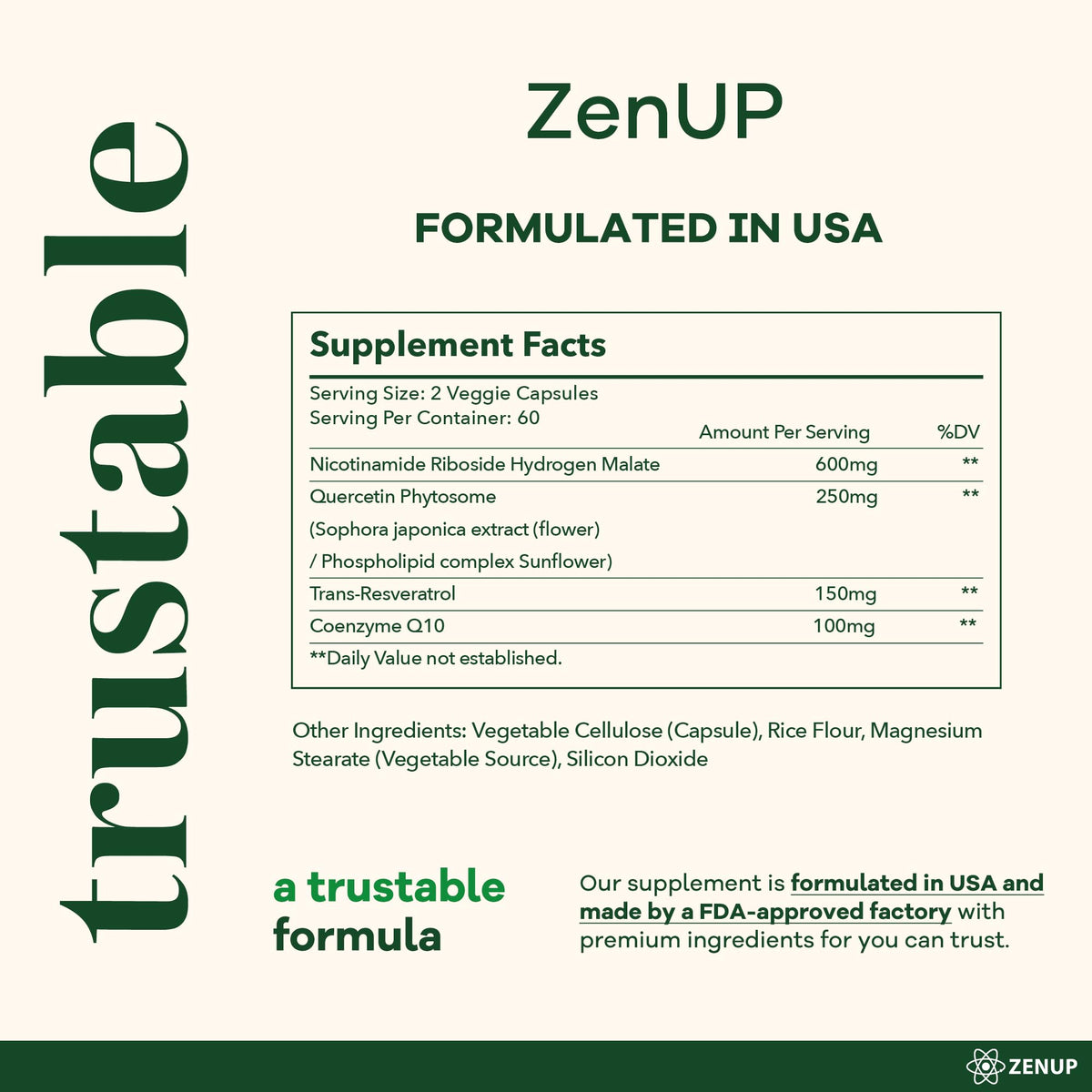 ZenUP NAD+ Supplement | 1100mg Liposomal Nicotinamide Riboside with Resveratrol & Quercetin | Anti-Aging, Cellular Energy, Mental Focus | 120 Caps ZenUPBuy Supplements Australia