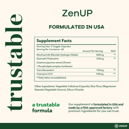 ZenUP NAD+ Supplement | 1100mg Liposomal Nicotinamide Riboside with Resveratrol & Quercetin | Anti-Aging, Cellular Energy, Mental Focus | 120 Caps ZenUPBuy Supplements Australia