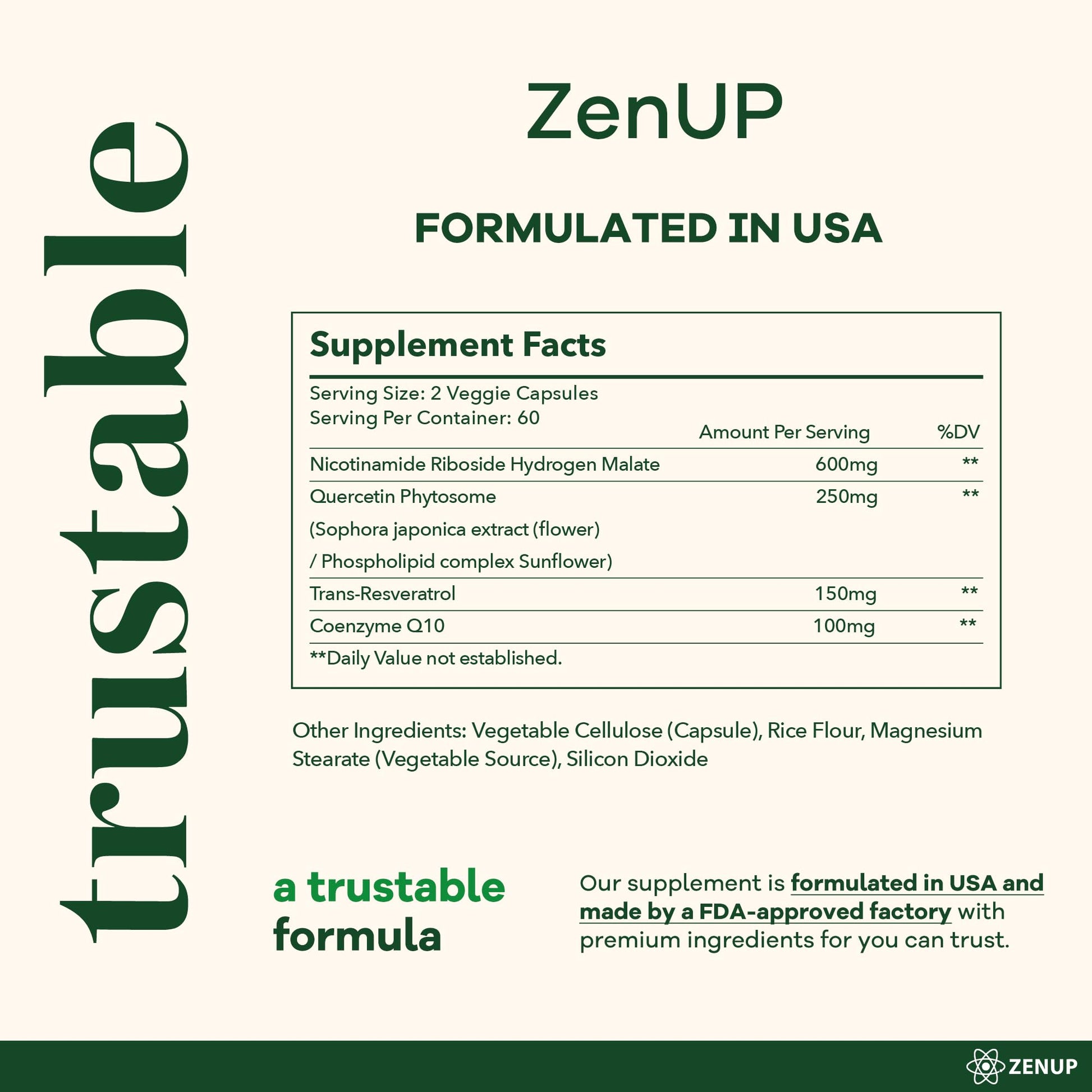 ZenUP NAD+ Supplement | 1100mg Liposomal Nicotinamide Riboside with Resveratrol & Quercetin | Anti-Aging, Cellular Energy, Mental Focus | 120 Caps ZenUPBuy Supplements Australia