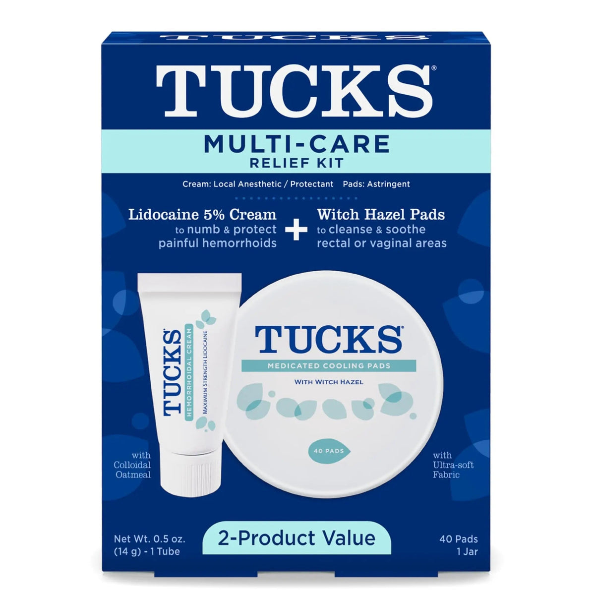 Tucks Multi-Care Relief Kit – 40 Count Witch Hazel Pads & 0.5 oz. Lidocaine Cream - Protects from Irritation, Hemorrhoid Treatment Medicated Pads Used by Hospitals TUCKSBuy Supplements Australia