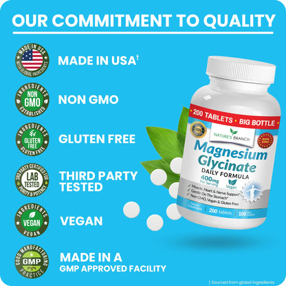 Magnesium Glycinate 400mg | 200 Tablets | High Absorption Mag Supplements for Sleep, Leg Cramps, Heart, Muscle, Calm | Non Buffered Bisglycinate, Extra Strength for Women and Men, Tablets Not Capsules NATURE'S BRANCHBuy Supplements Australia