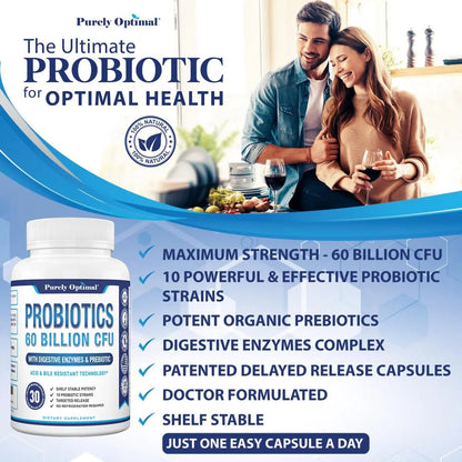 Purely Optimal Probiotics for Digestive Health, 60 Billion CFU – Delayed-Release with Digestive Enzymes & Organic Prebiotics – Bloating, Immune & Energy Support, 30 Caps Purely OptimalBuy Supplements Australia