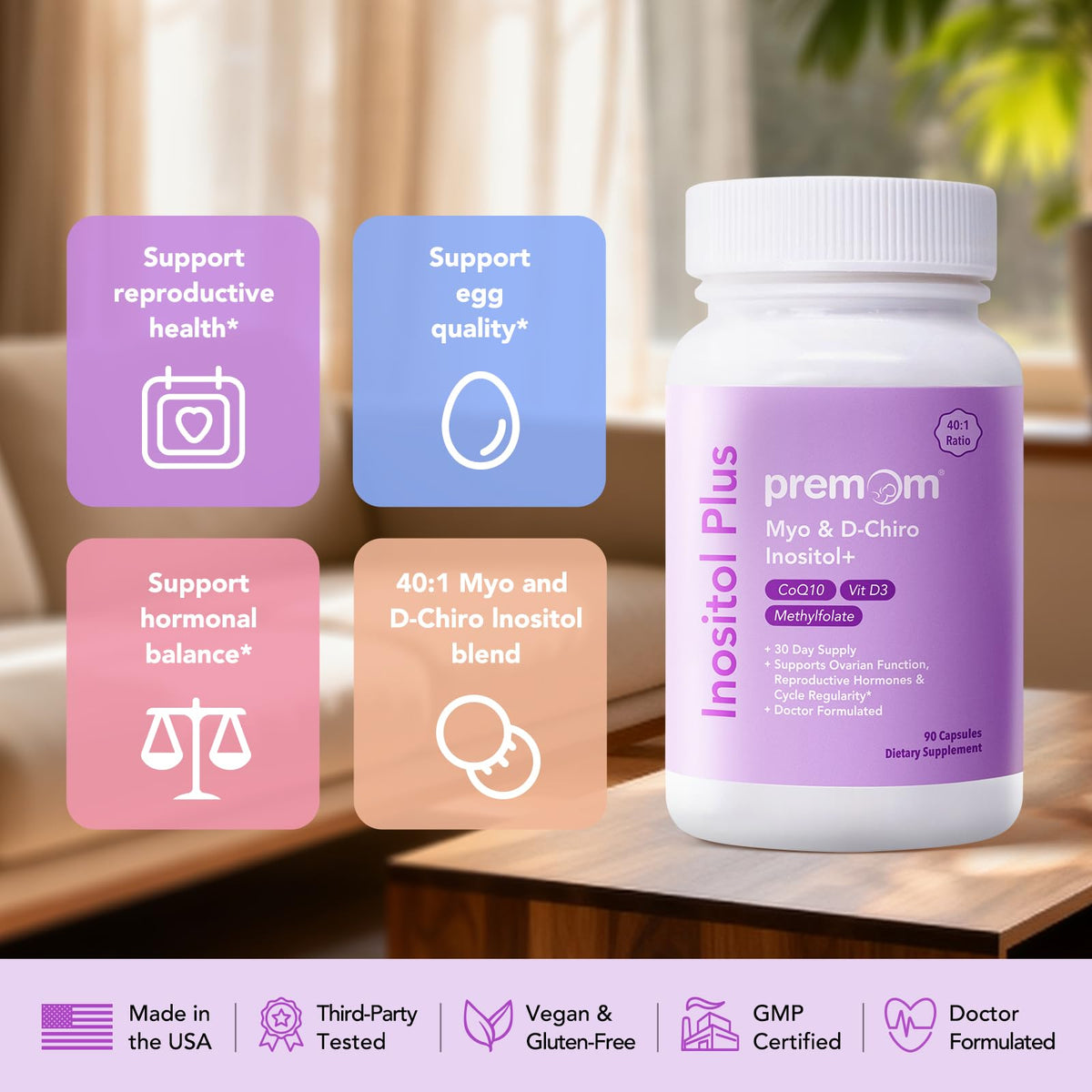 Premom Inositol Plus - 2000mg Myo-Inositol & 50mg D-Chiro Inositol, CoQ10, Folate & Vitamin D3-40:1 Ratio - Supports Hormonal Balance, Ovarian & Reproductive Health - 30 Day Supply PremomBuy Supplements Australia