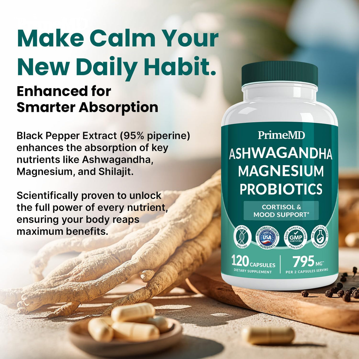 5-in-1 Cortisol Supplement for Women and Men with Ashwagandha for Calmness, Focus, and Adrenal Support Supplements with Shilajit Extract, Magnesium Glycinate, Probiotics (120 ct) (Pack of 1) PrimeMDBuy Supplements Australia