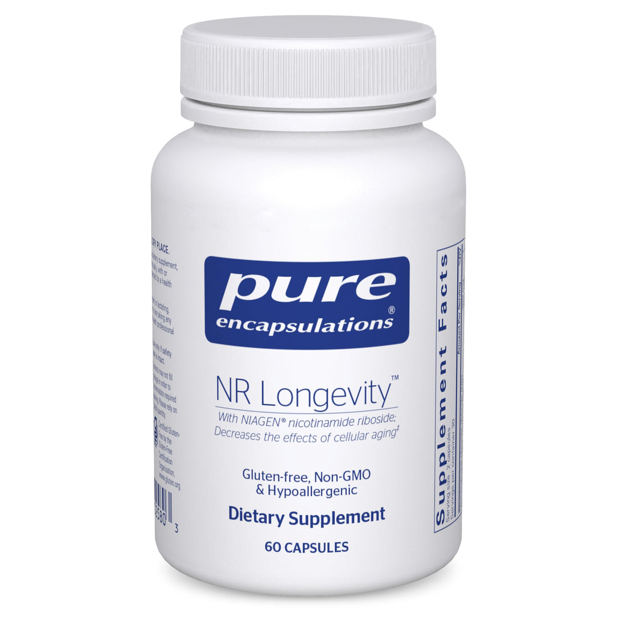 Supplement bottle labeled 'pure encapsulations NR Longevity' on a white background