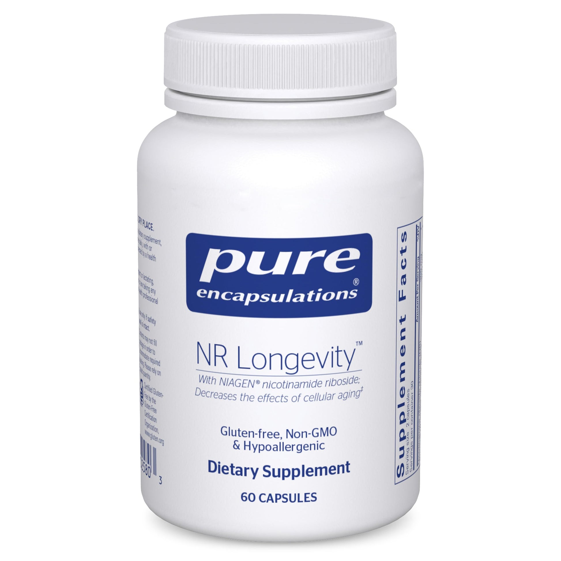 Supplement bottle labeled 'pure encapsulations NR Longevity' on a white background