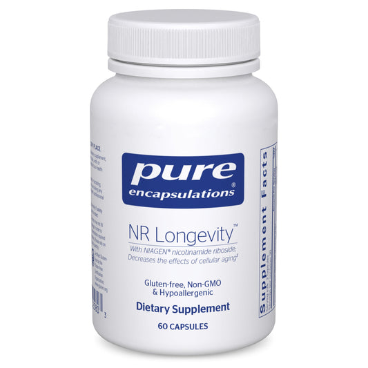 Supplement bottle labeled 'pure encapsulations NR Longevity' on a white background