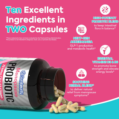 Surebounty Menopause Probiotic Supplement for Women, 70 Billion CFU, with Akkermansia Muciniphila, Vitamins B6 & D3, Botanicals, for Hormone Balance, Hot Flashes, Night Sweats, Gut Health, 60 Capsules SurebountyBuy Supplements Australia