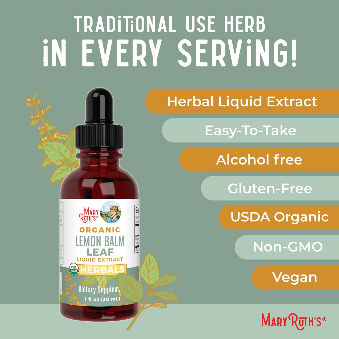 MaryRuth Organics Lemon Balm Leaf Liquid Extract | Mood Support | Relaxation | Calming | Nervine Herbal | Lemon Balm Tincture | USDA Organic | Vegan | Non-GMO | Gluten Free | 1 Fl Oz MARYRUTH'SBuy Supplements Australia