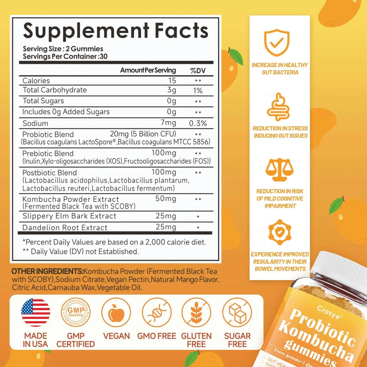 Crasye Probiotic Kombucha Gummies Sugar Free Prebiotic Postbiotic Probiotics Gummies with Slippery Elm for Women and Men Bloating Gut Health Immune and Digestive Support - 60 Gummies - 30 Servings CrasyeBuy Supplements Australia
