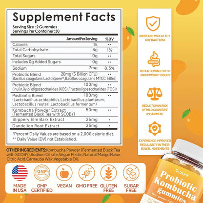 Crasye Probiotic Kombucha Gummies Sugar Free Prebiotic Postbiotic Probiotics Gummies with Slippery Elm for Women and Men Bloating Gut Health Immune and Digestive Support - 60 Gummies - 30 Servings CrasyeBuy Supplements Australia