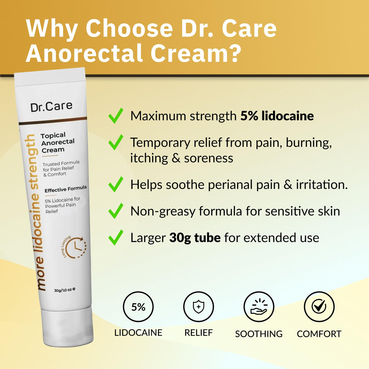 Dr Care Anorectal Cream with 5% Lidocaine - Maximum Strength Topical Anesthetic for Hemorrhoid Relief, Itching, & Burning (1.0 oz) Dr CareBuy Supplements Australia