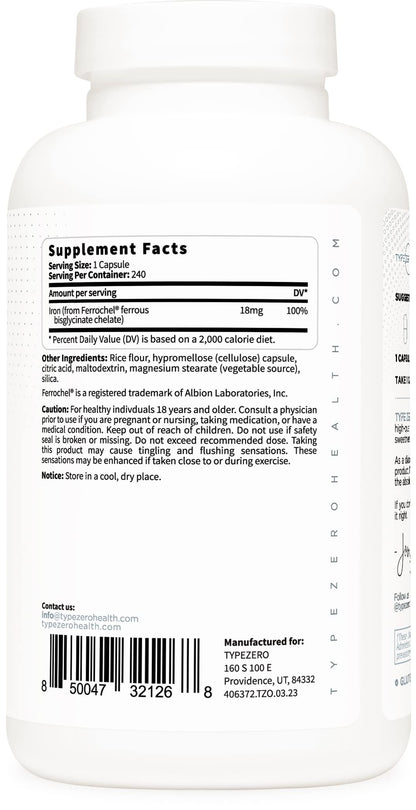 Type Zero Iron Chelate Capsules (18 MG, 240 CAPS) from Ferrochel Ferrous Bisglycinate Chelate - Non-GMO and Gluten Free Type ZeroBuy Supplements Australia