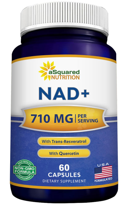 Supplement bottle labeled 'NAD+' with 710 mg per serving on a white background