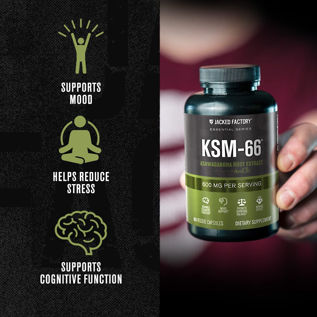 Jacked Factory Ashwagandha Root Extract (KSM-66 Ashwagandha) w/ 5% Withanolides - Supplement for Natural Stress Relief, Cognitive Function, Vitality, and Mood Support - 60 Veggie Capsules Jacked FactoryBuy Supplements Australia