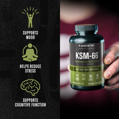 Jacked Factory Ashwagandha Root Extract (KSM-66 Ashwagandha) w/ 5% Withanolides - Supplement for Natural Stress Relief, Cognitive Function, Vitality, and Mood Support - 60 Veggie Capsules Jacked FactoryBuy Supplements Australia