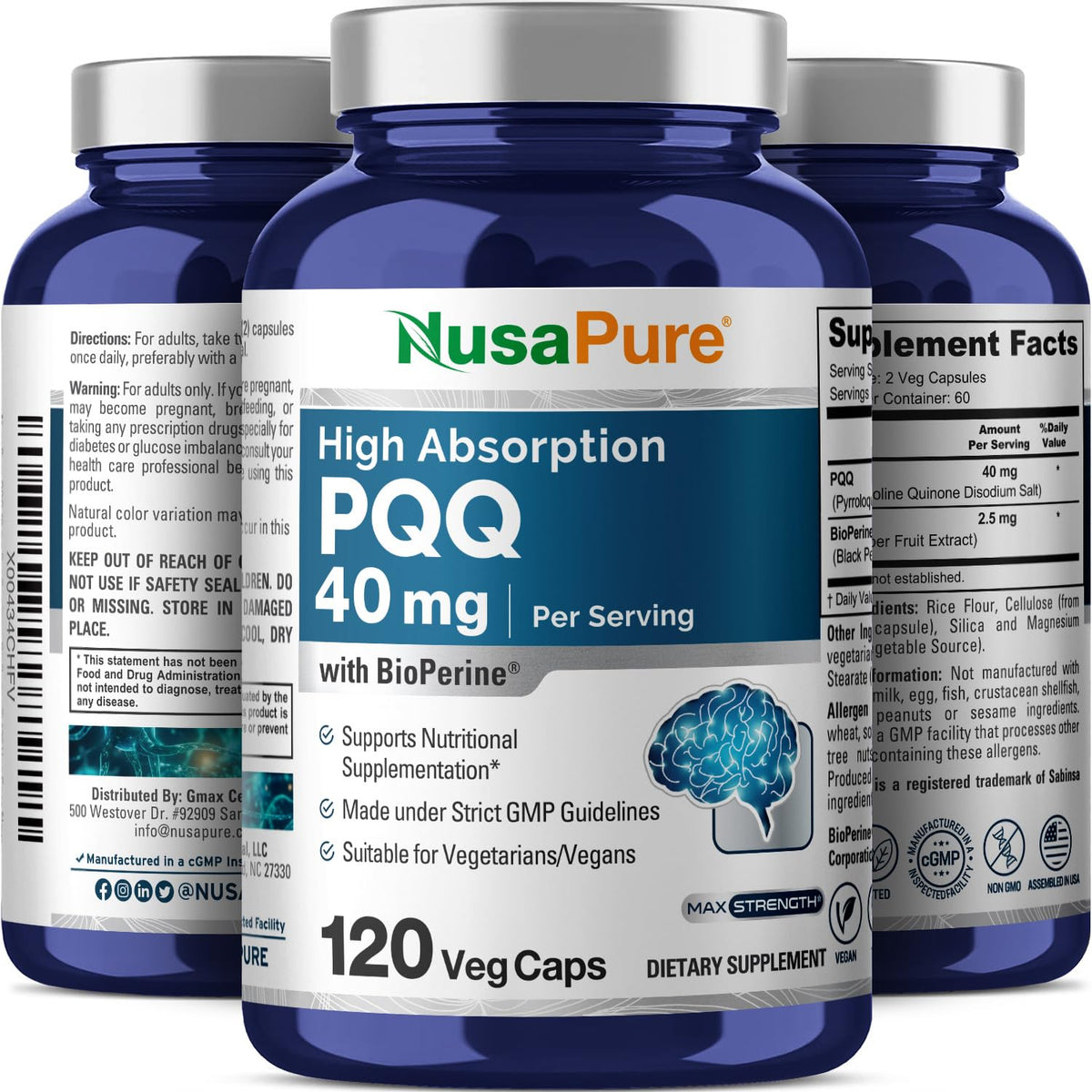 NusaPure PQQ Supplement 40 mg, 120 Veggie Capsules, Non-GMO, Pyrroloquinoline Quinone Disodium Salt, Bioperine & Vegan NusaPureBuy Supplements Australia