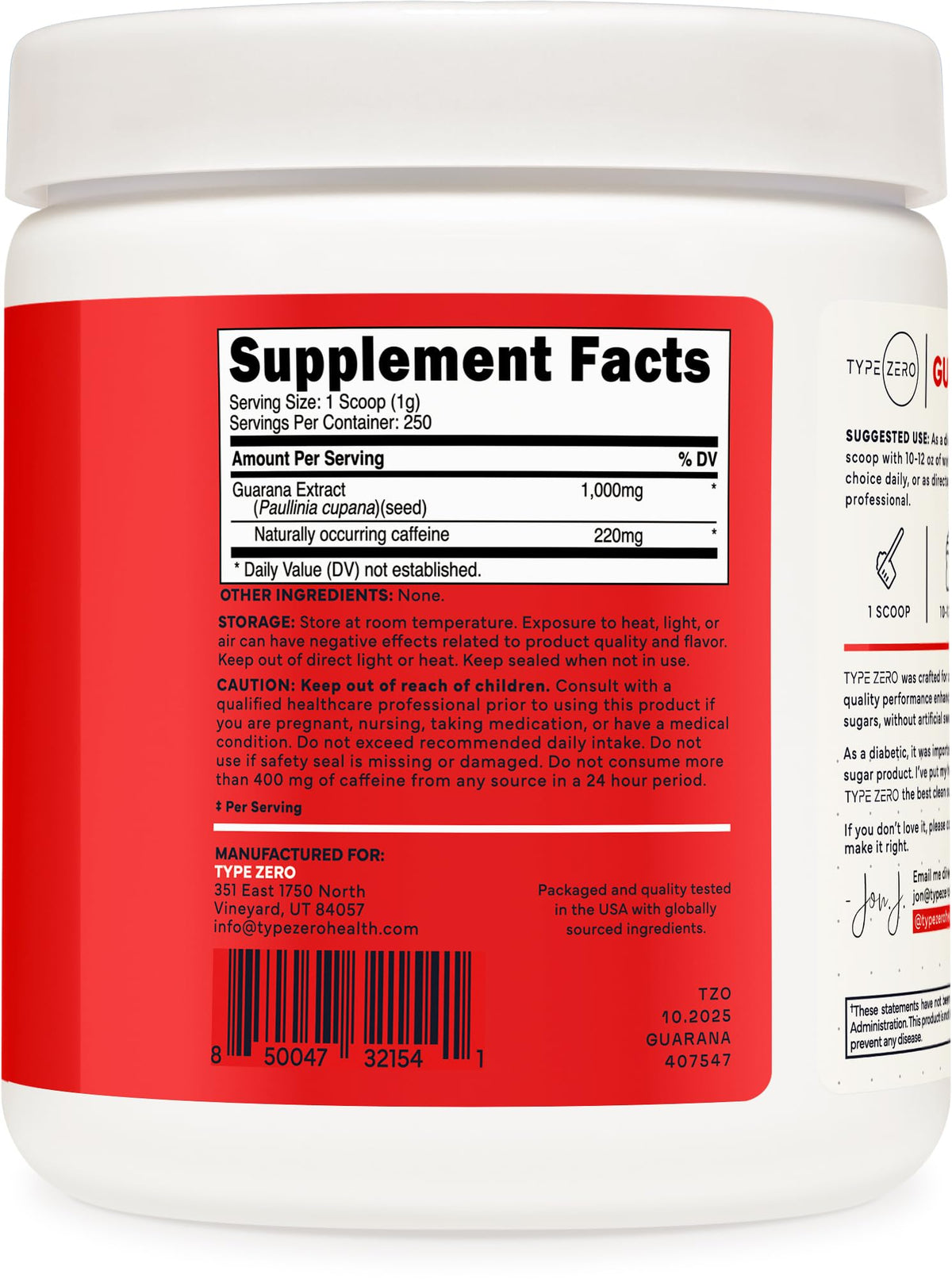 Type Zero Clean Guarana Powder Drink Mix (250 Servings, Unflavored) - 220 MG Caffeine Per Serving, Natural Caffeine, Non GMO, Gluten Free Type ZeroBuy Supplements Australia