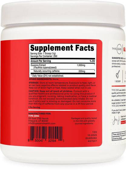 Type Zero Clean Guarana Powder Drink Mix (250 Servings, Unflavored) - 220 MG Caffeine Per Serving, Natural Caffeine, Non GMO, Gluten Free Type ZeroBuy Supplements Australia