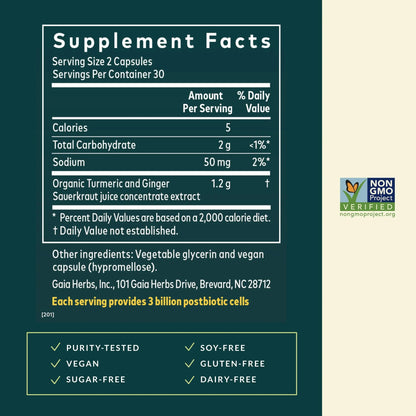 Gaia Herbs Ginger-Turmeric Postbiotic - Healthy Gut Support* - 60 Vegan Liquid Phyto-Caps (30 Servings) Gaia HerbsBuy Supplements Australia