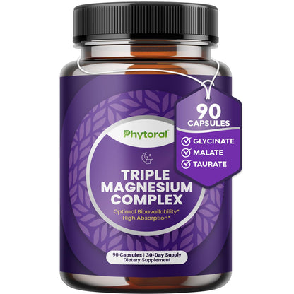 Highly Potent Magnesium Complex Capsules - Triple Magnesium Blend with Taurate Glycinate and Malate - 400mg Supplement Supports Relaxation & Overall Wellness Non-GMO Vegan - 90 Count PhytoralBuy Supplements Australia