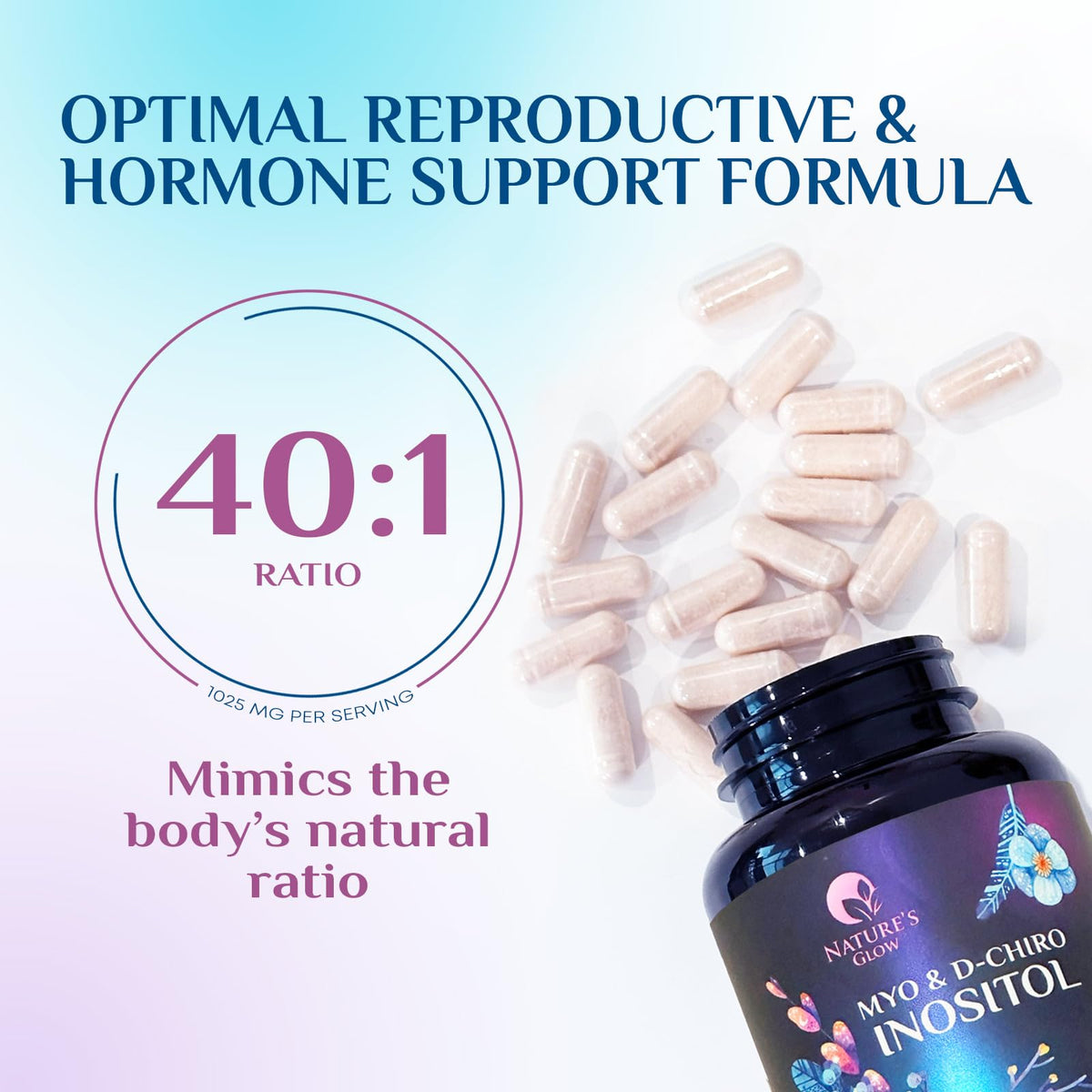 Myo-Inositol & D-Chiro Inositol 1025mg - 40:1 Ideal Ratio for Ovarian Support, Vegan Myo & D Chiro Supplement for Women's Natural Balance and Hormone Support, Vitamin B8, Non-GMO - 120 Capsules Nature's GlowBuy Supplements Australia