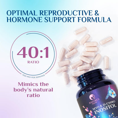 Myo-Inositol & D-Chiro Inositol 1025mg - 40:1 Ideal Ratio for Ovarian Support, Vegan Myo & D Chiro Supplement for Women's Natural Balance and Hormone Support, Vitamin B8, Non-GMO - 120 Capsules Nature's GlowBuy Supplements Australia