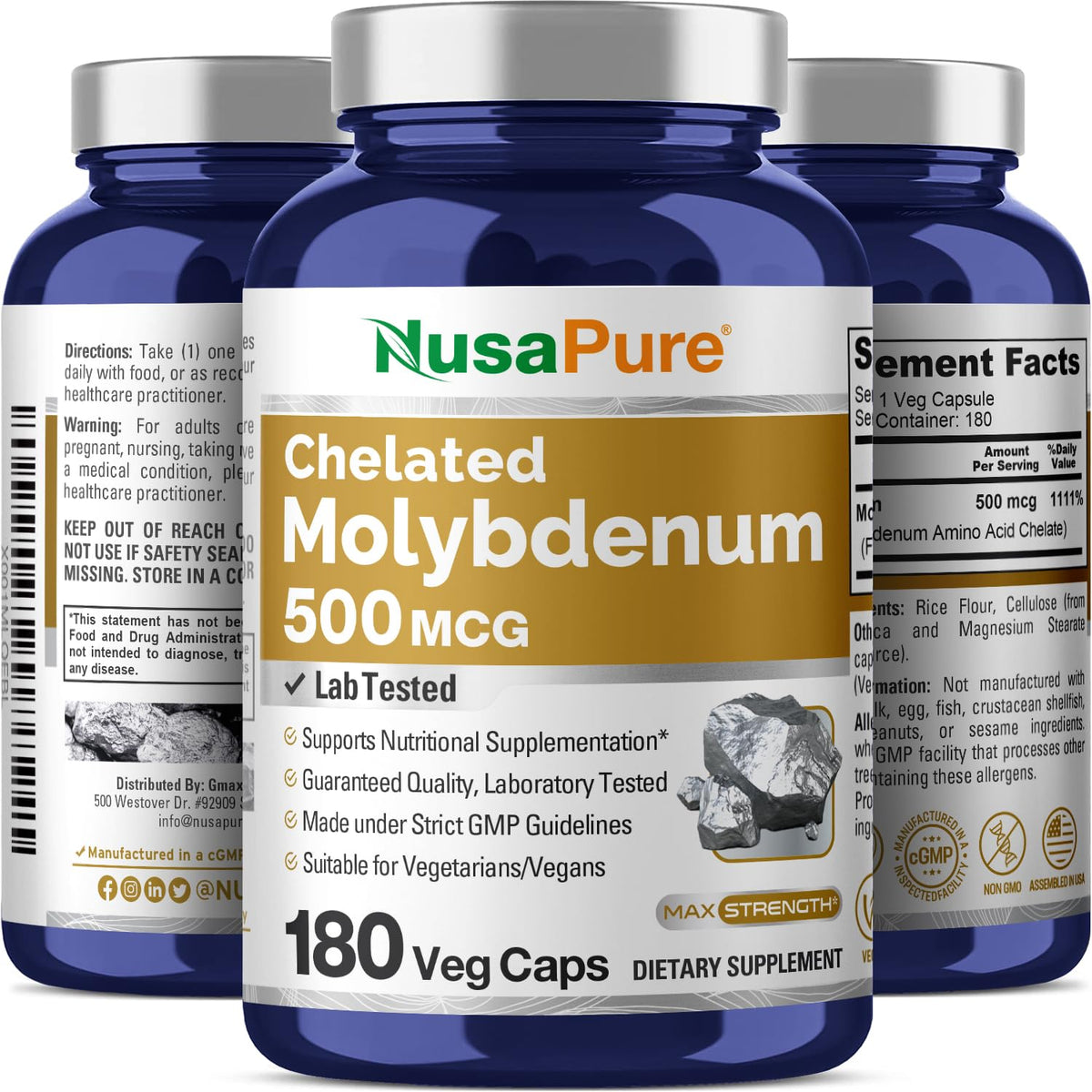 NusaPure Chelated Molybdenum 500 mcg 180 Vegetarian Caps (Vegan, Non-GMO) NusaPureBuy Supplements Australia