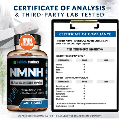 NMNH Supplement (NMN Alternative) NAD Booster for Anti-Aging, Cellular Energy & Nice Skin- Dihydronicotinamide mononucleotide, Resveratrol, Quercetin & BioPerine® for Max Absorption- 60 caps Rainbow Nutrients, LLCBuy Supplements Australia