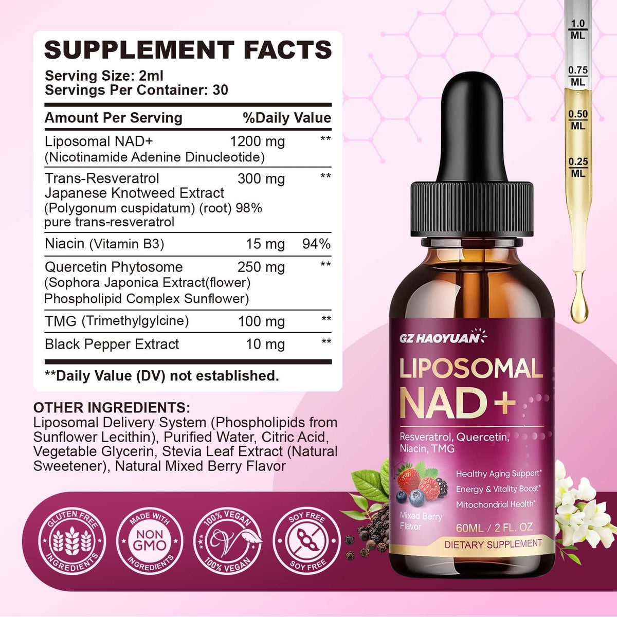 Liposomal NAD Supplement - 1200mg NAD+ Liquid Drops for Women & Men with Nicotinamide, Resveratrol, Quercetin, TMG, Black Pepper Extract - Brain & Cellular Mitochondrial Health, Anti-Aging, Longevity GZ HAOYUANBuy Supplements Australia