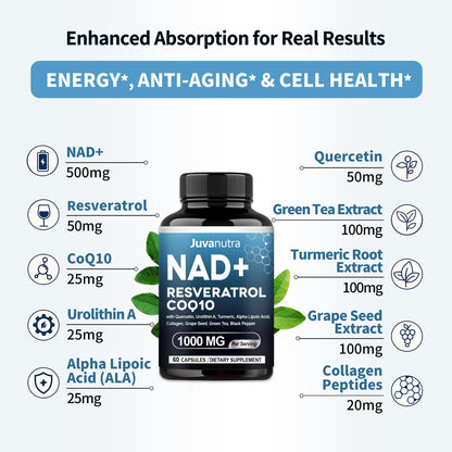 NAD Supplement 11-in-1 Extra Strength – Liposomal NAD with Resveratrol, CoQ10, Urolithin A, ALA & Turmeric – Supports Anti-Aging, Cellular Repair, Energy & Focus – for Women & Men – 60 Capsules JuvaNutraBuy Supplements Australia