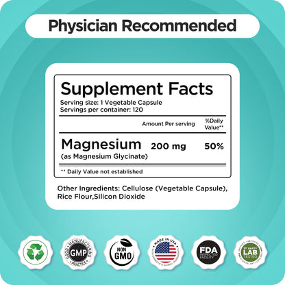 Magnesium Bisglycinate 200mg - High Absorption Chelated Magnesium Supplement - Gentle on Stomach, Non-GMO, Gluten-Free, Supports Sleep, Muscle Cramps & Positive Mood - 120 Vegan Capsules BalancebreensBuy Supplements Australia