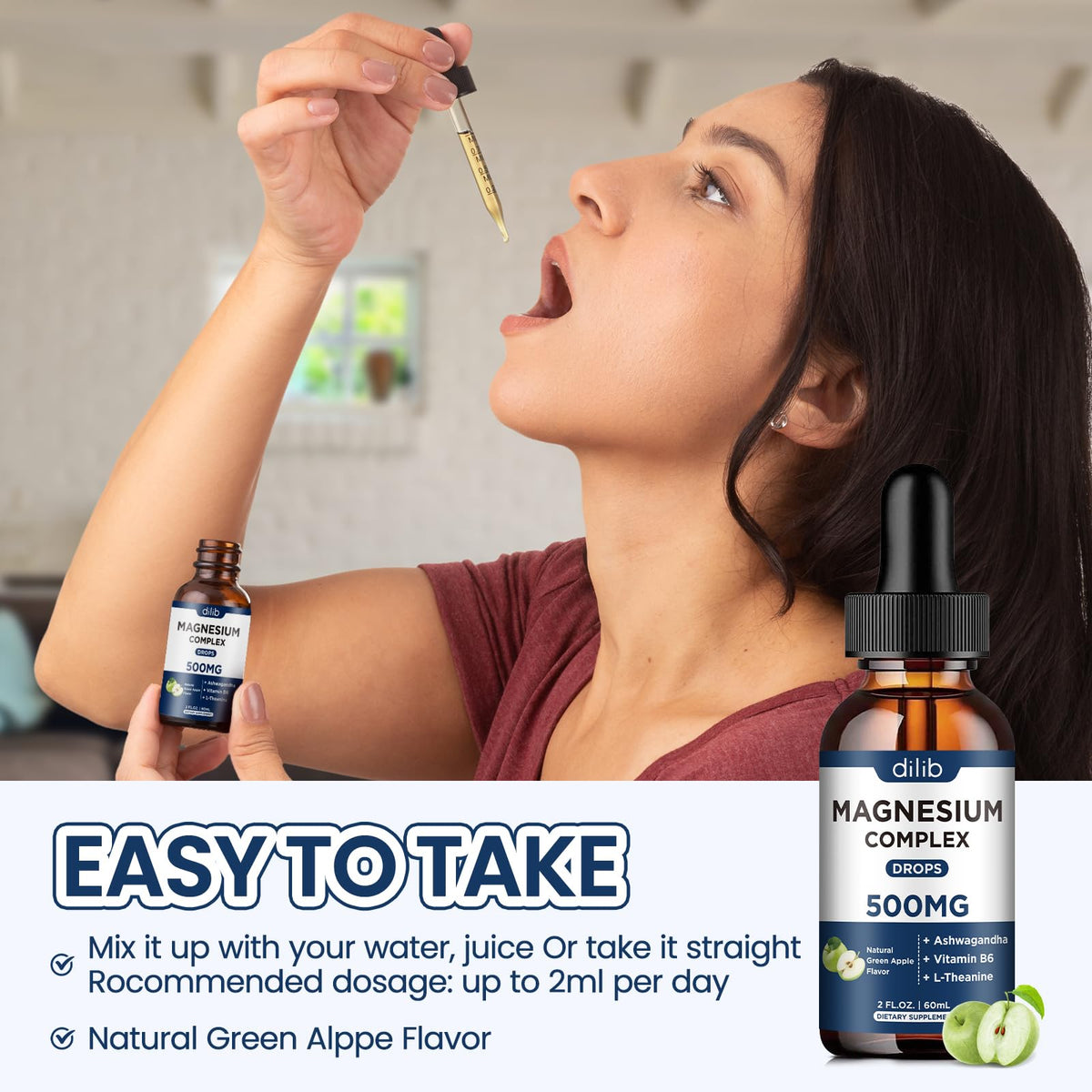 Triple Magnesium Complex Supplement-Magnesium Glycinate, Citrate, Malate Liquid Drops 500mg with Ashwagandha, L-Theanine, B6 for Calm, Stress Relief, Sleep, Muscle Support-Green Apple Flavor dilibBuy Supplements Australia