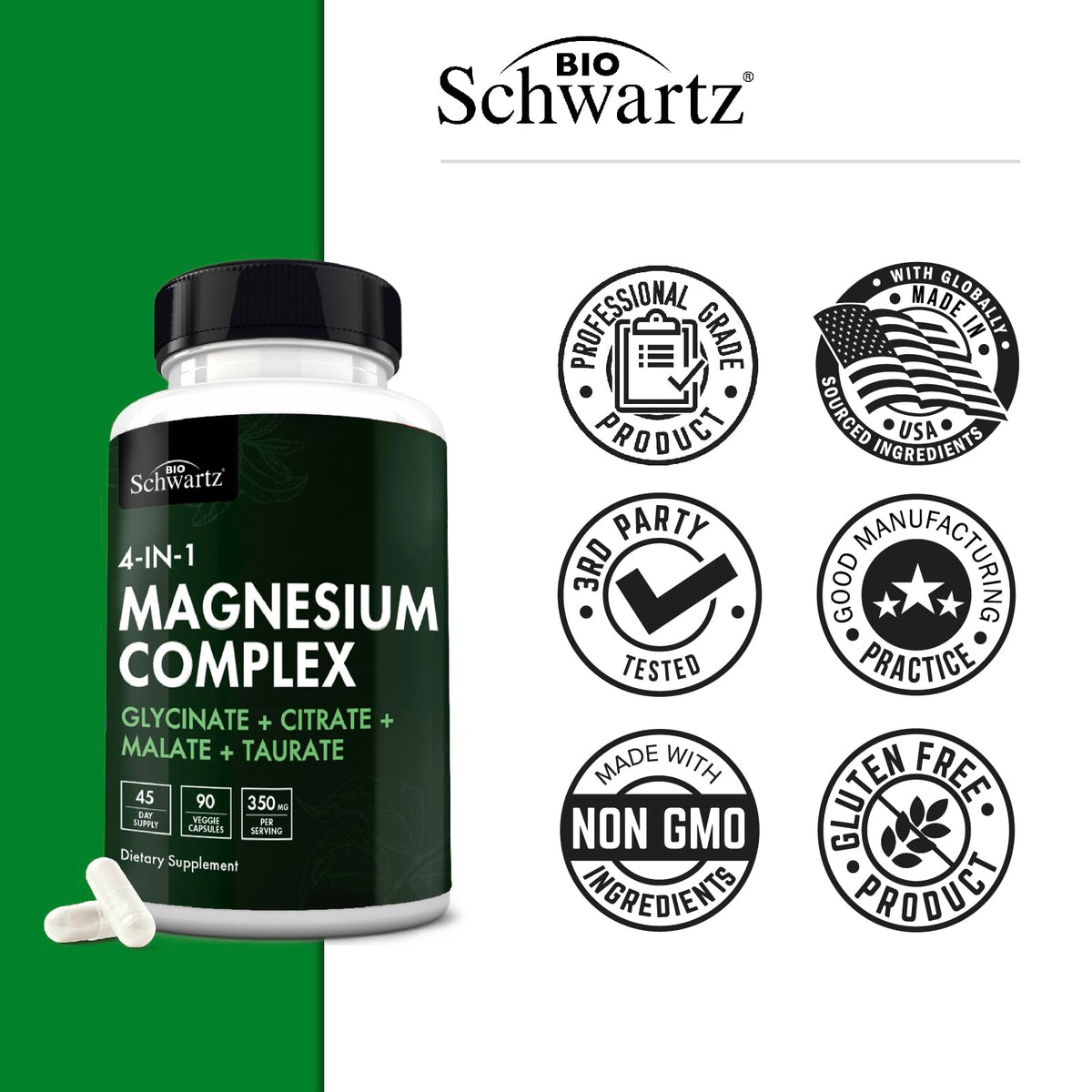 BioSchwartz Magnesium Complex Supplement (90 Capsules) 350mg Magnesium Glycinate Citrate Malate and Taurate Per Serving for Healthy Nerves Muscles Heart Sleep Support (Vegan, Gluten-Free, Non-GMO) BioSchwartzBuy Supplements Australia