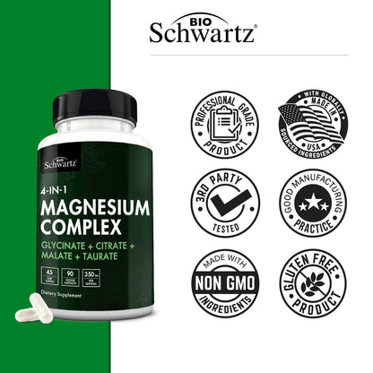 BioSchwartz Magnesium Complex Supplement (90 Capsules) 350mg Magnesium Glycinate Citrate Malate and Taurate Per Serving for Healthy Nerves Muscles Heart Sleep Support (Vegan, Gluten-Free, Non-GMO) BioSchwartzBuy Supplements Australia