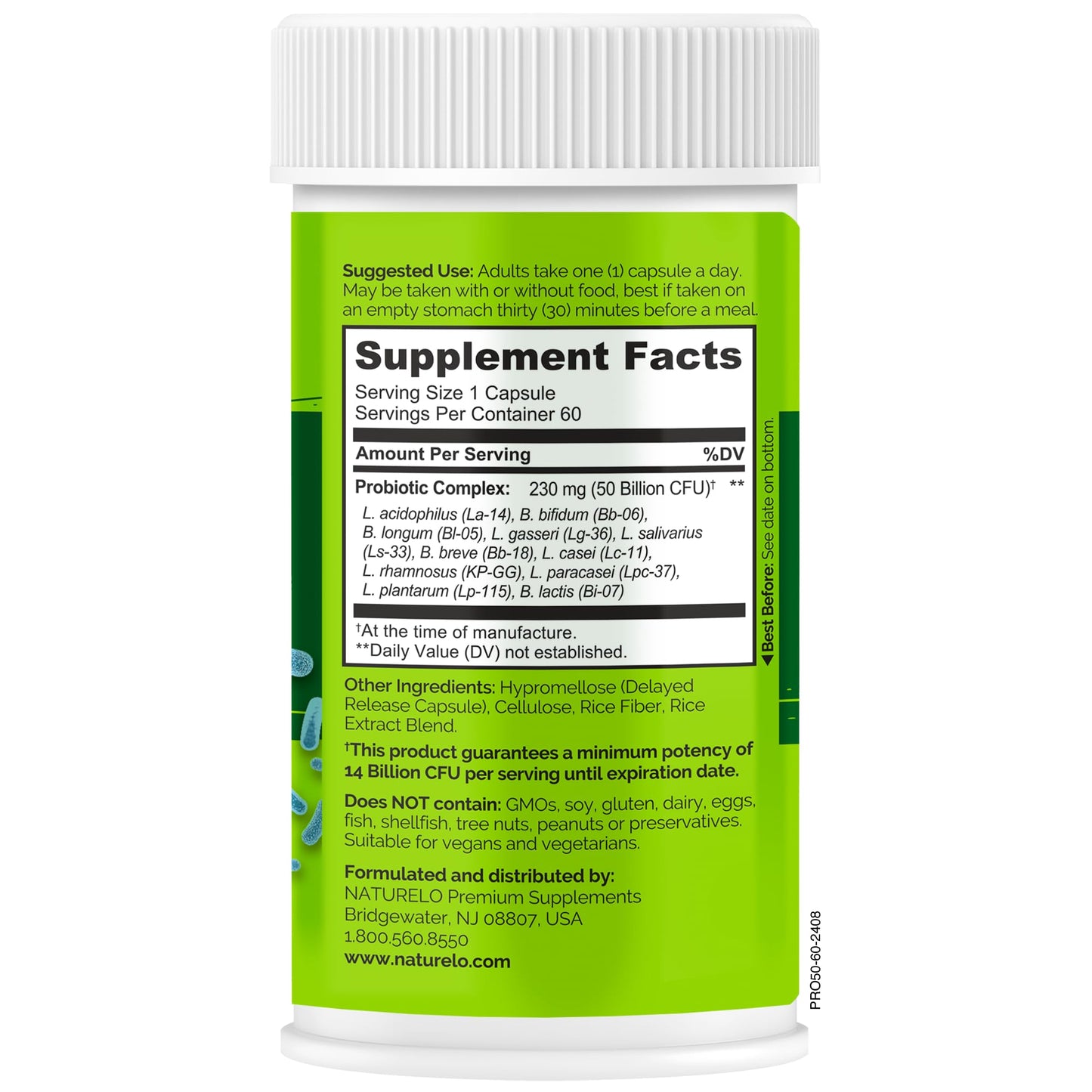 NATURELO Probiotics for Digestive Health - 50 Billion CFU, 11 Strains, Daily Use Supplement - Boosts Immune System, Delayed Release,