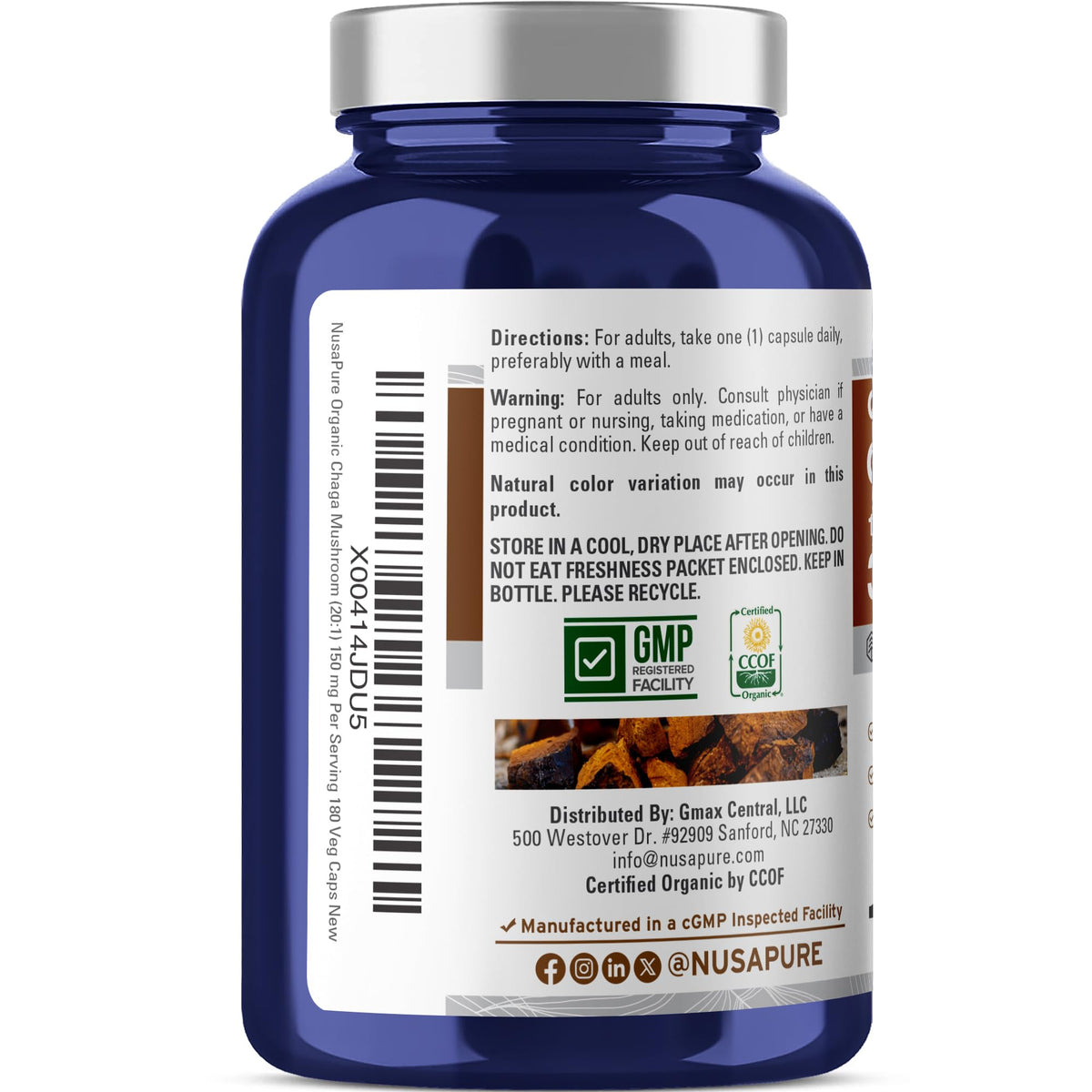 NusaPure Chaga Mushroom 20:1 Extract, 150 mg Equivalent to 3,000mg per Veggie Capsule, 180 Count, USDA Organic, Vegan, Non-GMO NusaPureBuy Supplements Australia