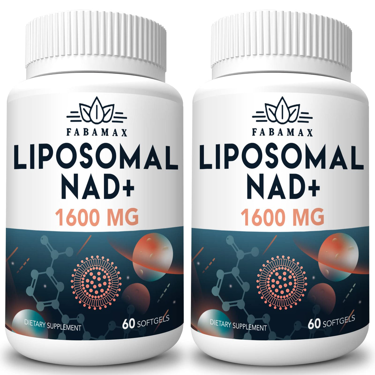Two bottles of Fabamax Liposomal NAD+ 1600 MG dietary supplements on a white background