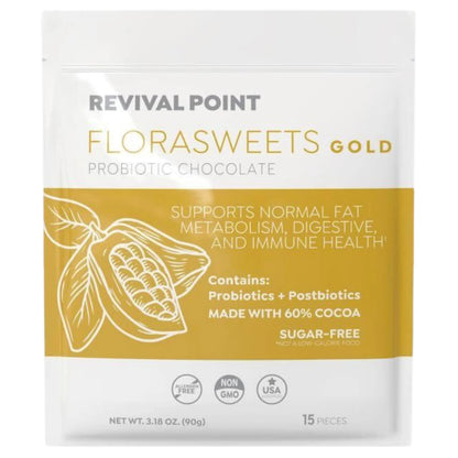 Revival Point Florasweets Gold Chocolate Bites with Probiotic + Postbiotic Stains DE111 & BPL1 - Indivally Wrapped - Supports Digestive & Gut Health Bacillus subtilis (1) Revival PointBuy Supplements Australia