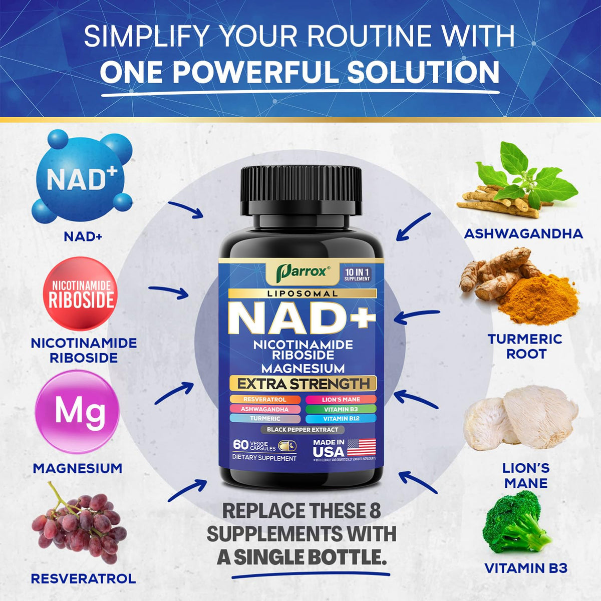 Parrox NAD+ Supplement with Liposomal NAD+, Nicotinamide Riboside, Magnesium, Vitamin B3 & B12, Resveratrol, Turmeric, Ashwagandha, Lion’s Mane,10-in-1 Extra Strength ParroxBuy Supplements Australia