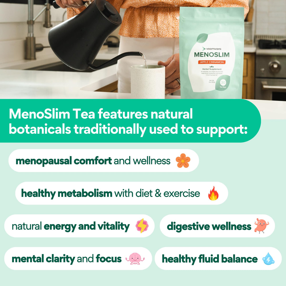 VoomVaya MenoSlim Tea – Menopause & Perimenopause Supplement for Women – Supports Healthy Metabolism & Overall Wellness – Acai Berry Flavor – 30 Tea Bags VoomVayaBuy Supplements Australia