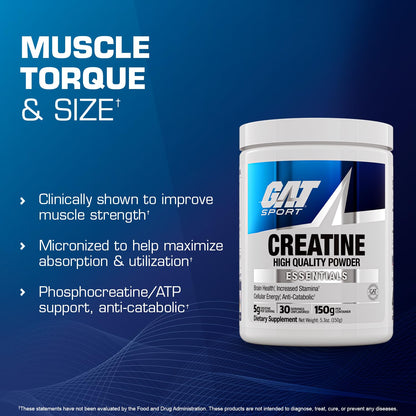 GAT SPORT Creatine Monohydrate Powder, 150 Grams, Strength, Brain Health, GLP1 Support Anti-oxidant, Endurance, for Men & Women, 1 Month Supply, Unflavored (30 Servings) GAT SPORTBuy Supplements Australia