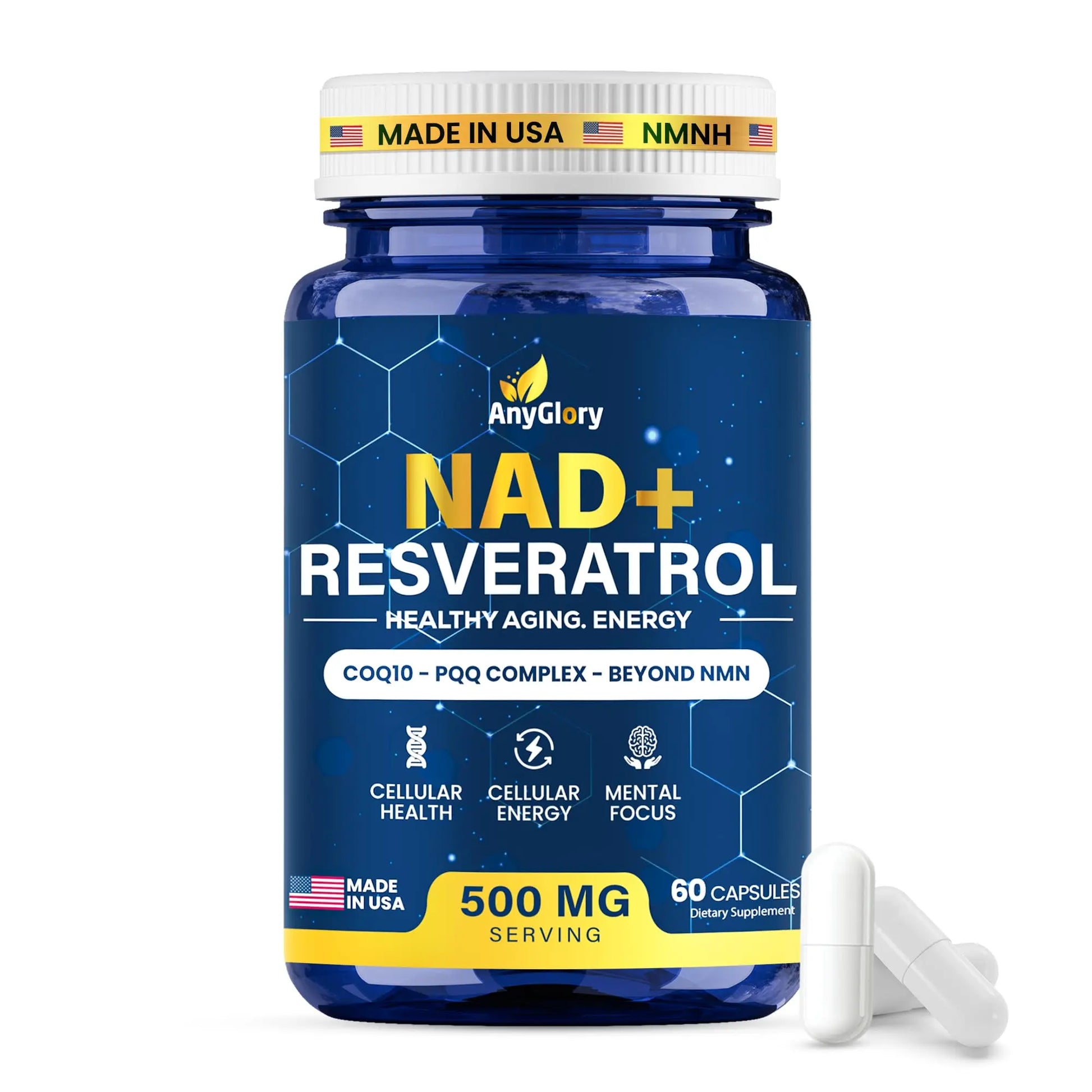 Anyglory NAD+ Supplement with 500mg NR, Resveratrol, CoQ10, PQQ- 5-in-1 NAD Formula |NMN Supplement Alternative|NAD Resveratrol Support Cellular Energy & Healthy Aging-Made in USA-60 Capsules AnygloryBuy Supplements Australia
