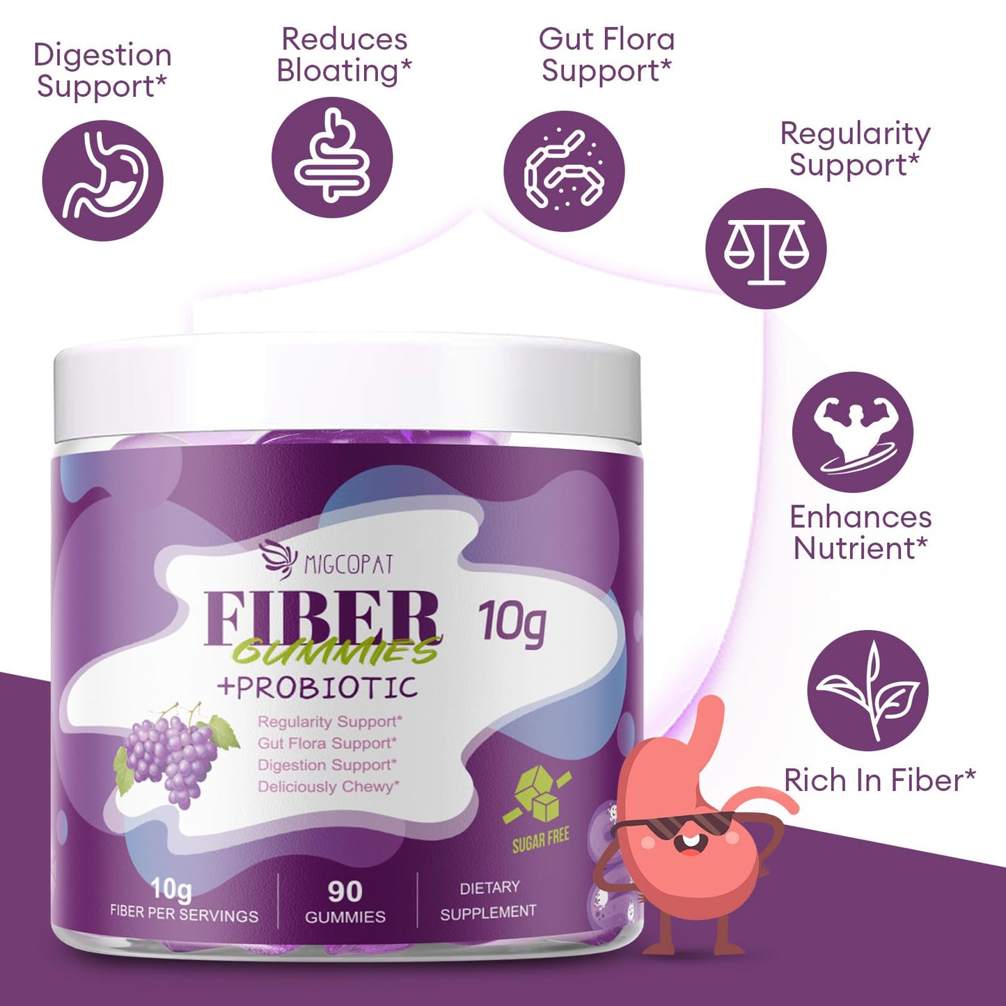 Migcopat 10G Fiber Gummies for Adults, No Sugar Added Grape Flavor, Fiber Supplement with 30 Billion CFU Probiotics Blend, ACV, Vitamin C,