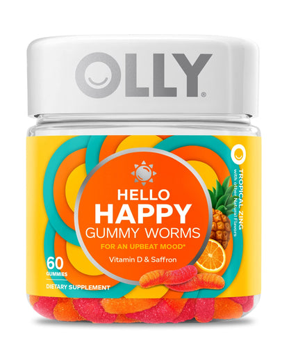 OLLY Hello Happy Gummy Worms, Mood Support Gummies For Adults,* Saffron Extract, Vitamin D, Tropical Zing Flavored, 30 Day Supply - 60 Count OLLY buy supplements Au