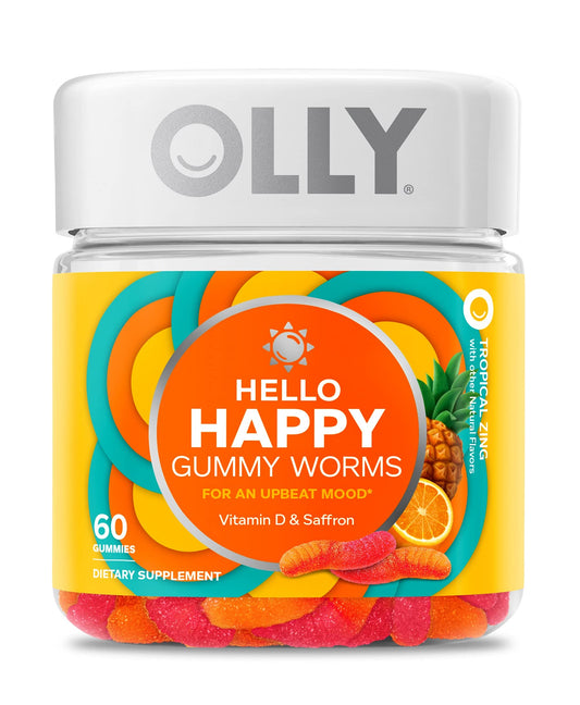 OLLY Hello Happy Gummy Worms, Mood Support Gummies For Adults,* Saffron Extract, Vitamin D, Tropical Zing Flavored, 30 Day Supply - 60 Count OLLY buy supplements Au
