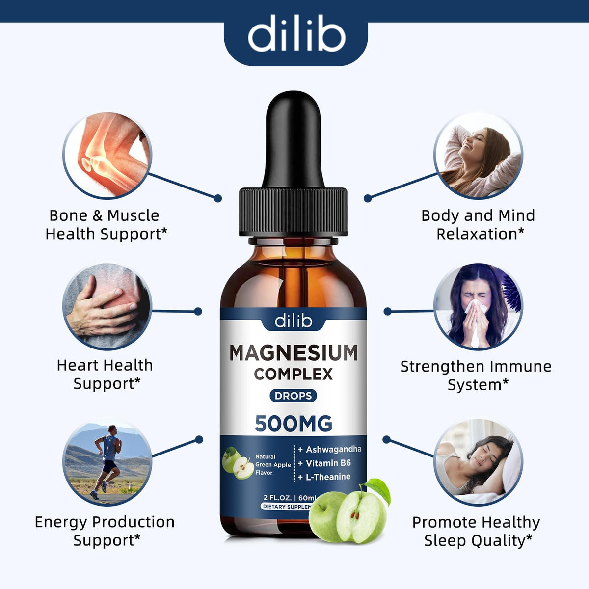 Triple Magnesium Complex Supplement-Magnesium Glycinate, Citrate, Malate Liquid Drops 500mg with Ashwagandha, L-Theanine, B6 for Calm, Stress Relief, Sleep, Muscle Support-Green Apple Flavor dilibBuy Supplements Australia