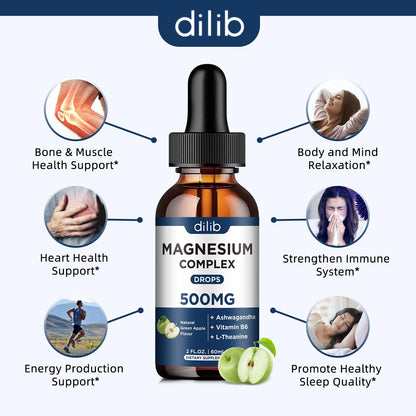 Triple Magnesium Complex Supplement-Magnesium Glycinate, Citrate, Malate Liquid Drops 500mg with Ashwagandha, L-Theanine, B6 for Calm, Stress Relief, Sleep, Muscle Support-Green Apple Flavor dilibBuy Supplements Australia