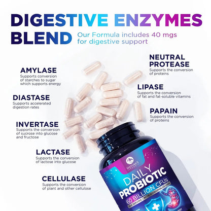 Probiotics 60 Billion CFU - 10 Strains + Digestive Enzymes & Prebiotics - Best Probiotic for Women & Men, Supports Immune, Gut Health, Occasional Constipation, Diarrhea, Gas & Bloating - 60 Capsules Nature's PeakBuy Supplements Australia