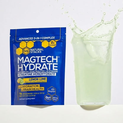 NATURAL STACKS Magtech Magnesium Hydrate + Creatine - Sugar Free Electrolyte Drink - Magtein Magnesium L-Threonate, Glycinate & Taurate - Supports Hydration & Cellular Energy - 14 Hydration Packets NATURAL STACKSBuy Supplements Australia